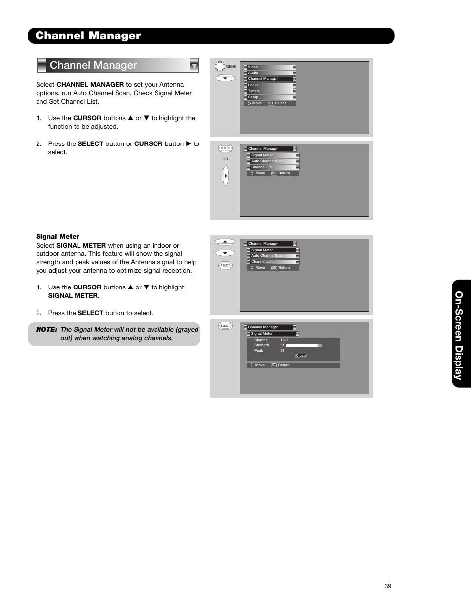 Channel manager, On-scr een display | Hitachi 50VF820 User Manual | Page 39 / 72