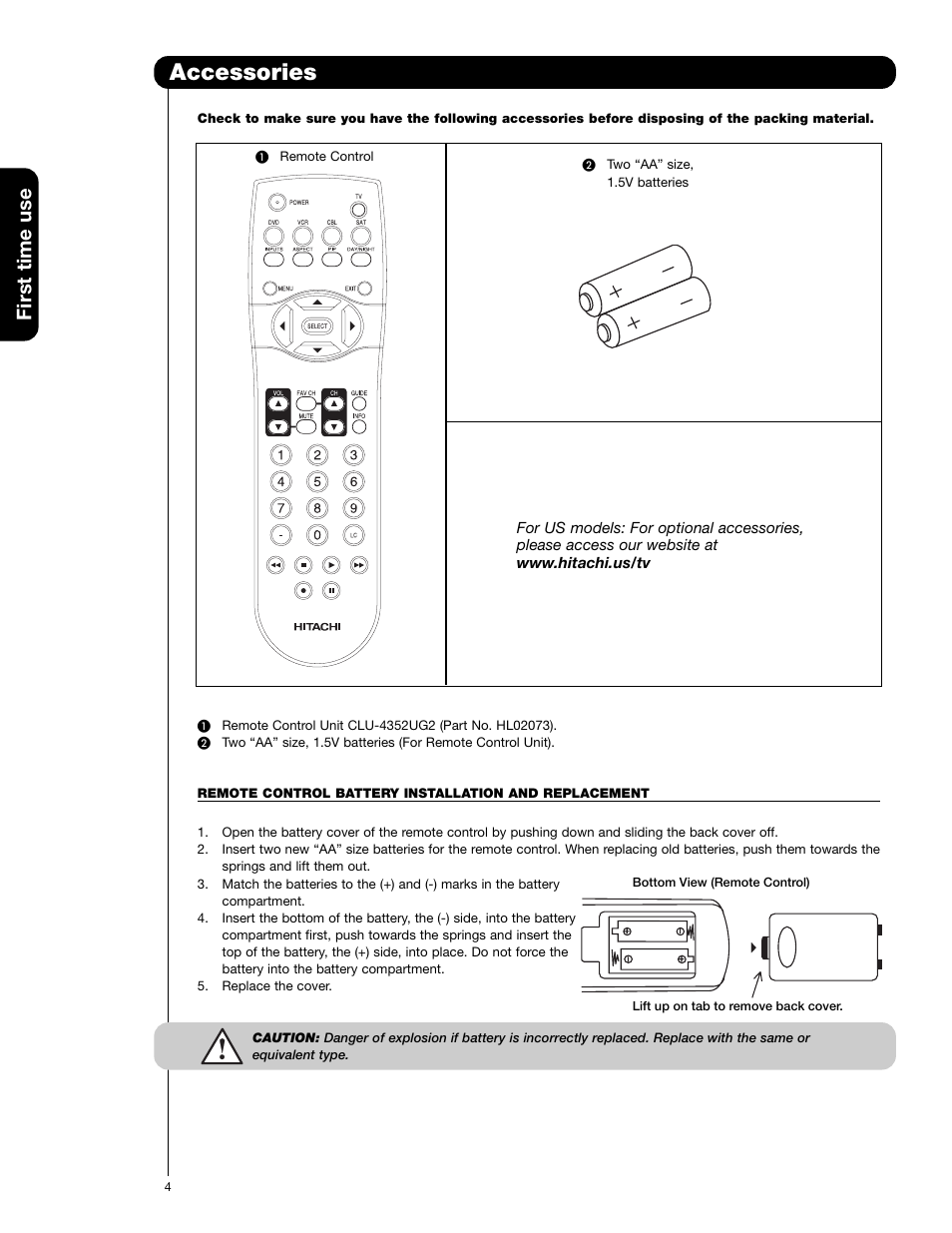 Accessories, First time use | Hitachi 50VF820 User Manual | Page 4 / 72