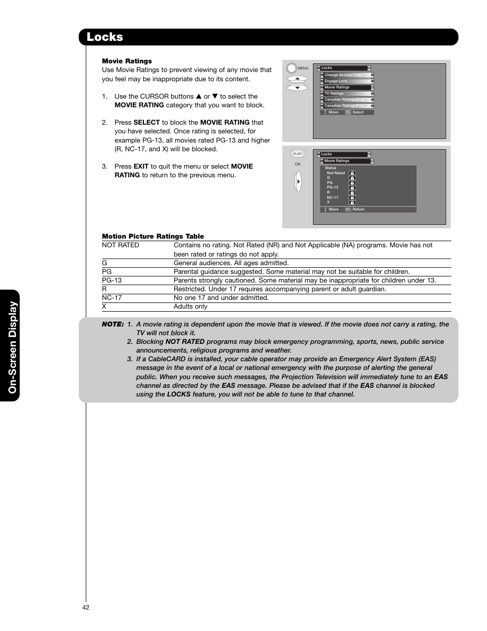 Locks, On-scr een display | Hitachi 50VF820 User Manual | Page 42 / 72