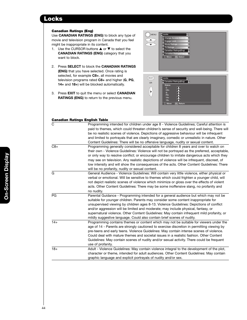 Locks, On-scr een display | Hitachi 50VF820 User Manual | Page 44 / 72