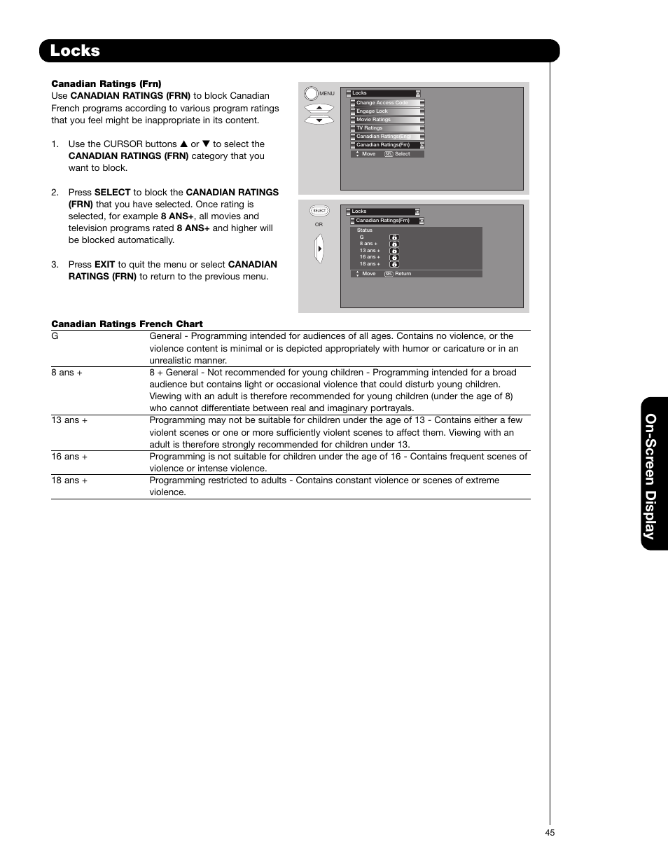 Locks, On-scr een display | Hitachi 50VF820 User Manual | Page 45 / 72