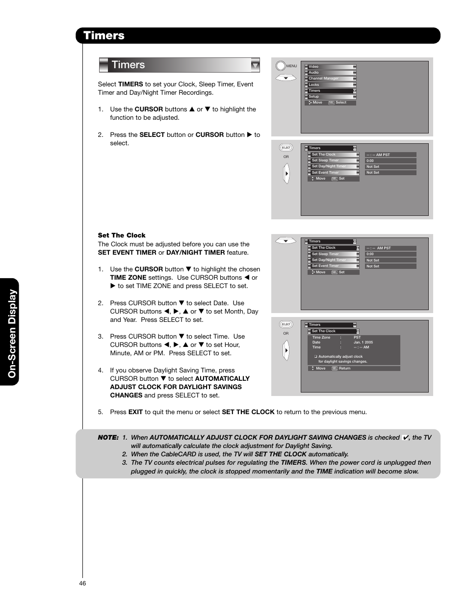 Timers, On-scr een display | Hitachi 50VF820 User Manual | Page 46 / 72