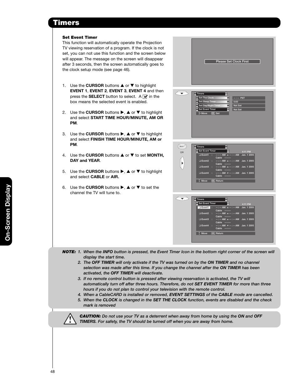 Timers, On-scr een display | Hitachi 50VF820 User Manual | Page 48 / 72