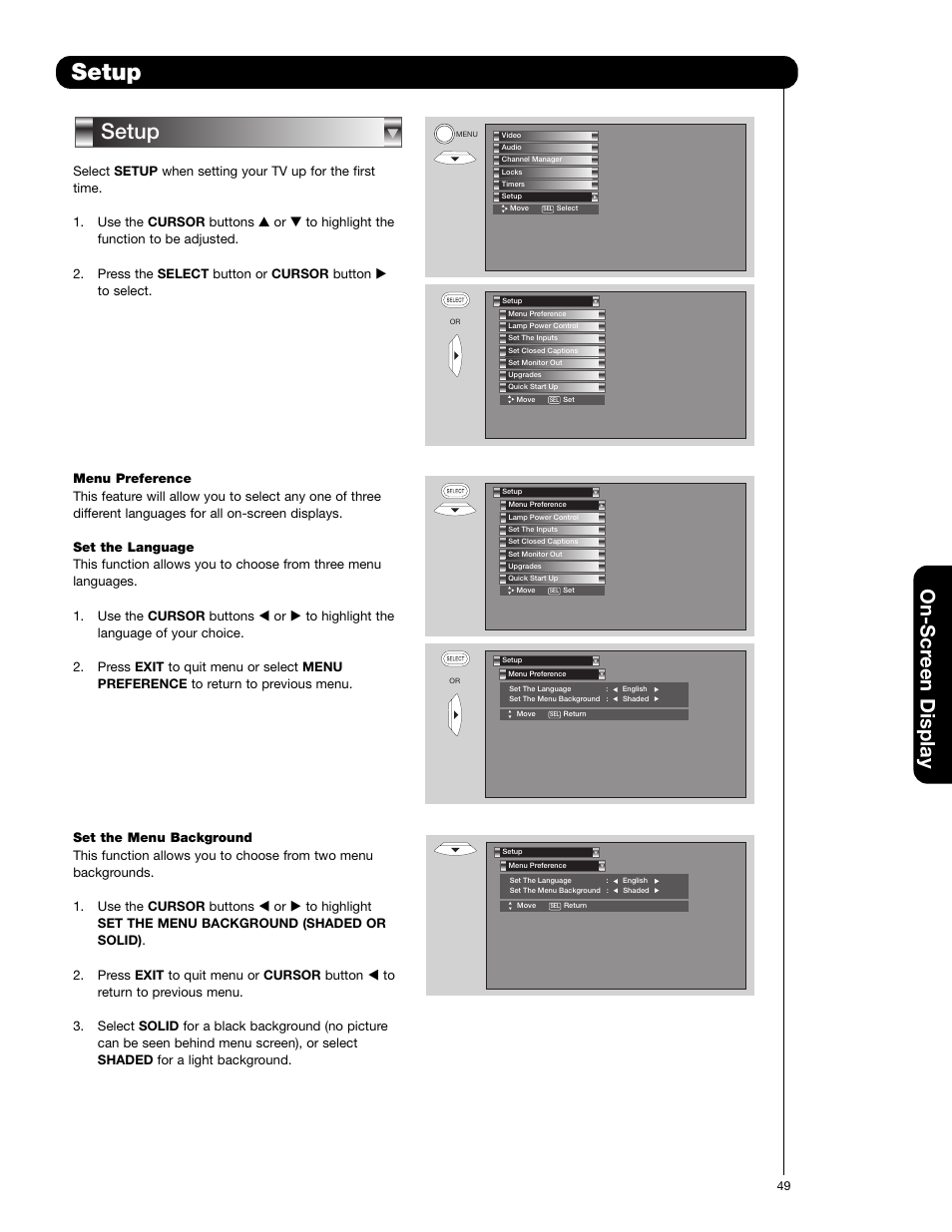 Setup, On-scr een display | Hitachi 50VF820 User Manual | Page 49 / 72