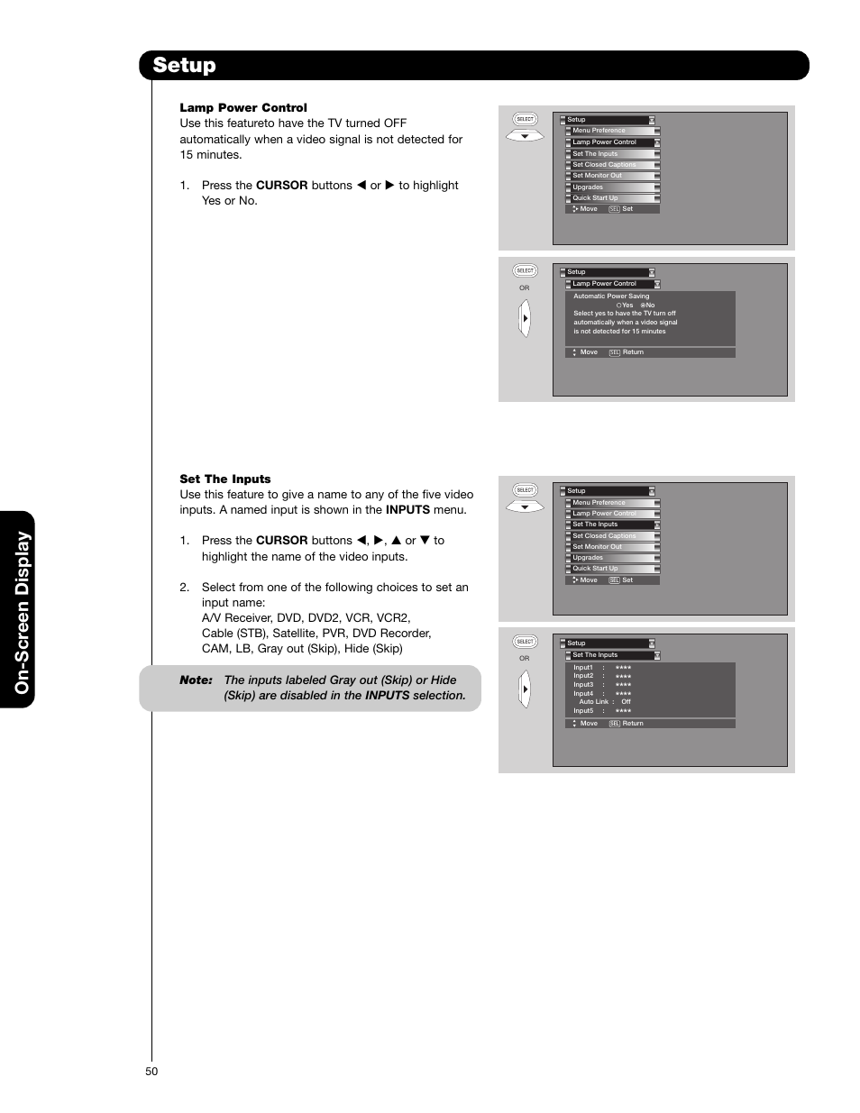 Setup, On-scr een display | Hitachi 50VF820 User Manual | Page 50 / 72