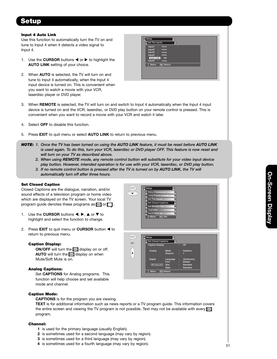 Setup, On-scr een display | Hitachi 50VF820 User Manual | Page 51 / 72