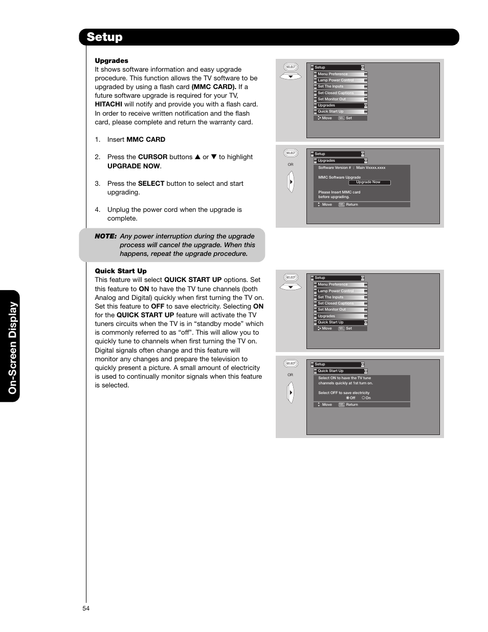 Setup, On-scr een display | Hitachi 50VF820 User Manual | Page 54 / 72