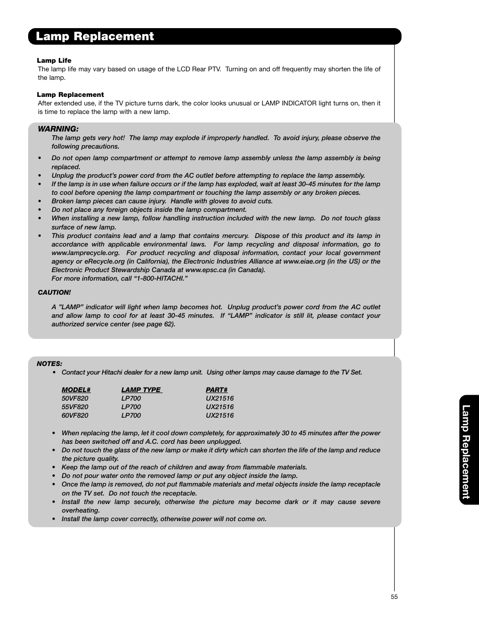 Lamp replacement | Hitachi 50VF820 User Manual | Page 55 / 72