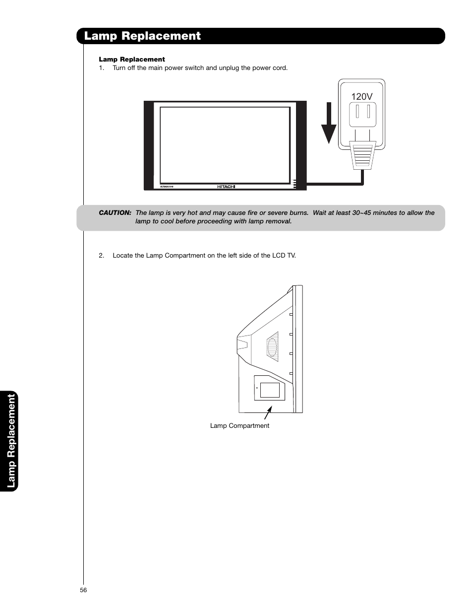 Lamp replacement | Hitachi 50VF820 User Manual | Page 56 / 72