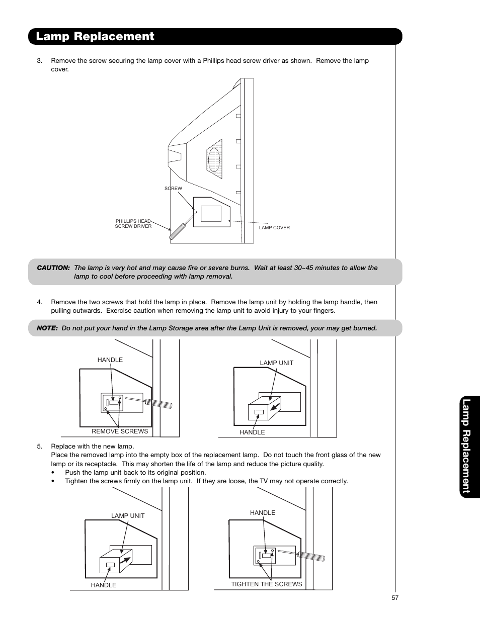 Lamp replacement | Hitachi 50VF820 User Manual | Page 57 / 72