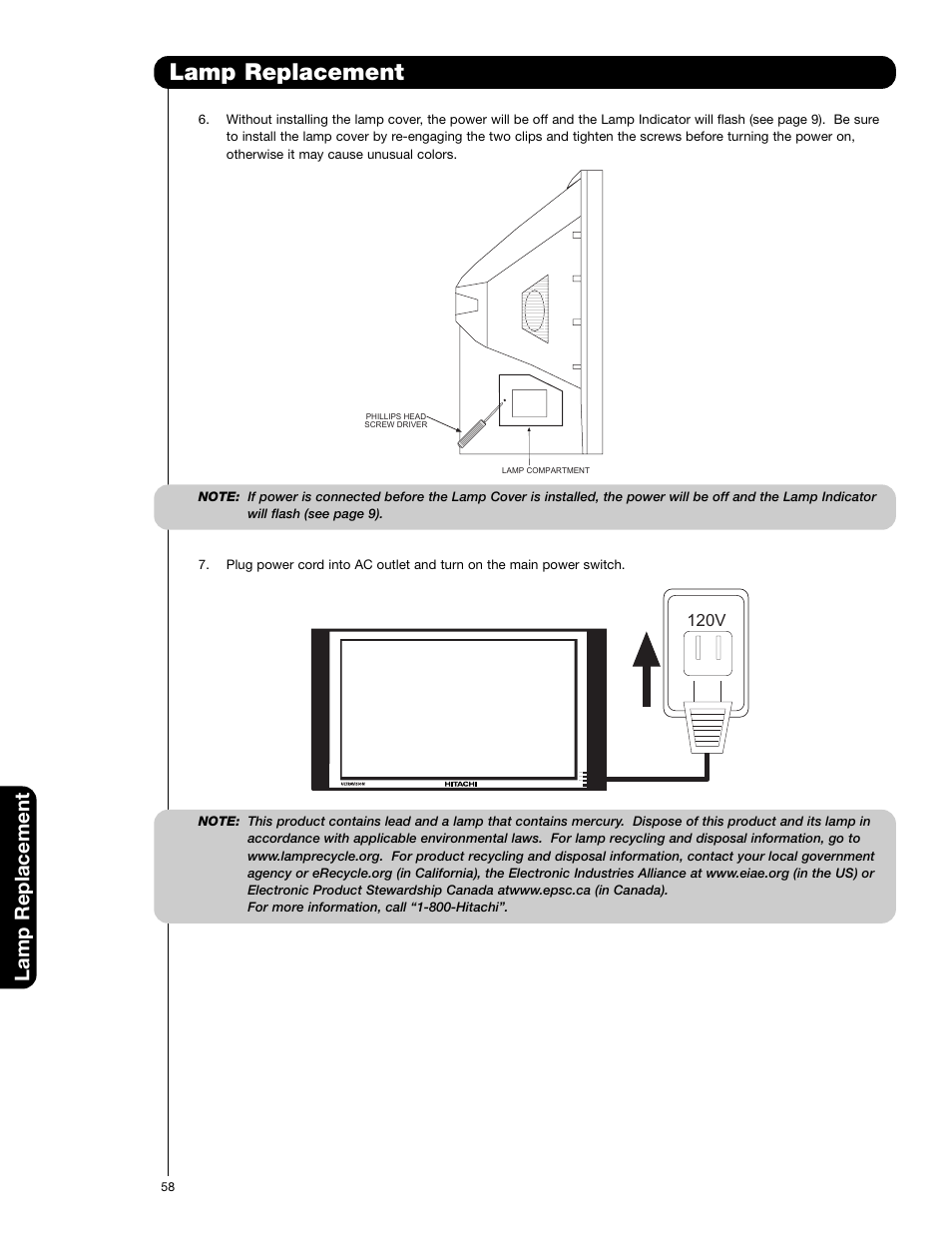 Lamp replacement | Hitachi 50VF820 User Manual | Page 58 / 72