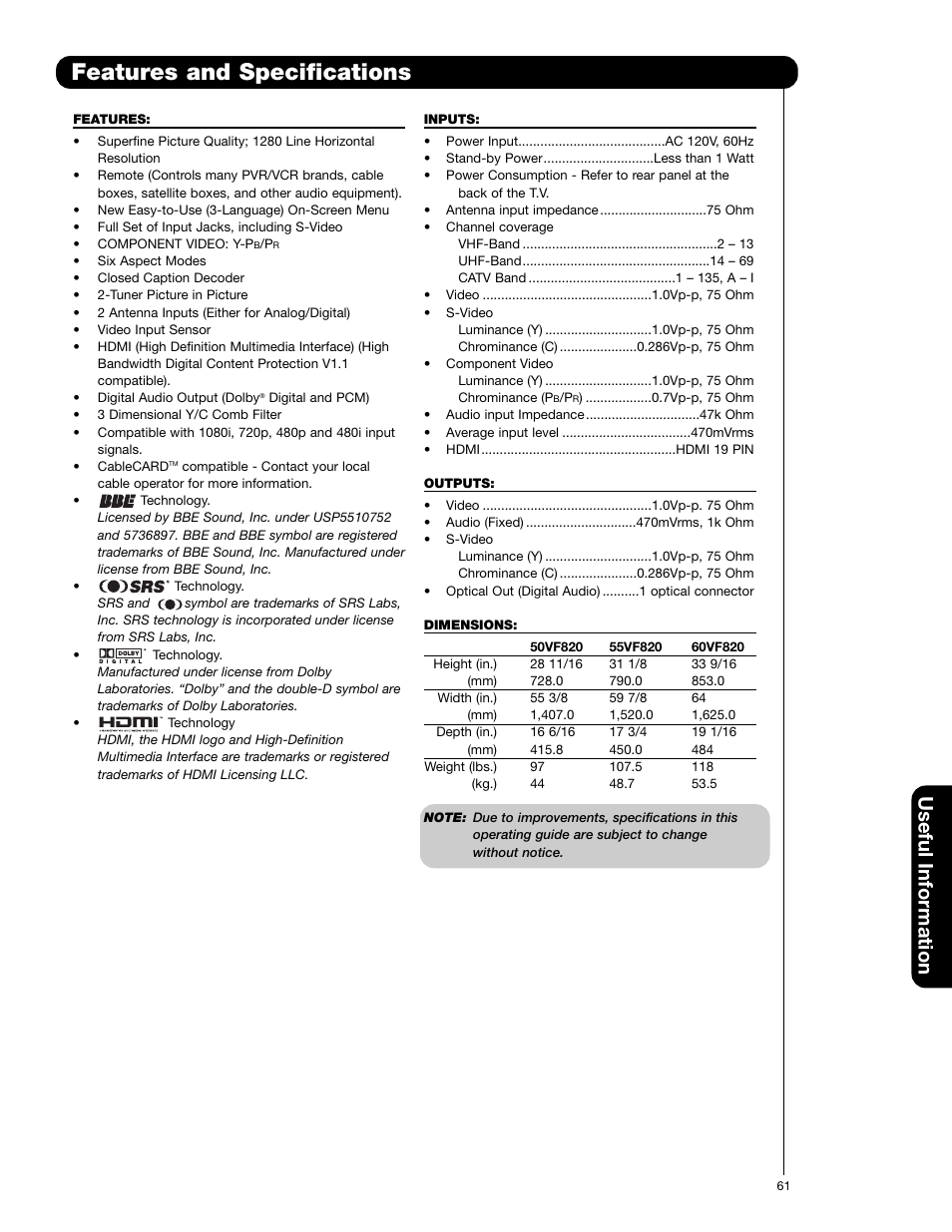 Features and specifications, Useful information | Hitachi 50VF820 User Manual | Page 61 / 72