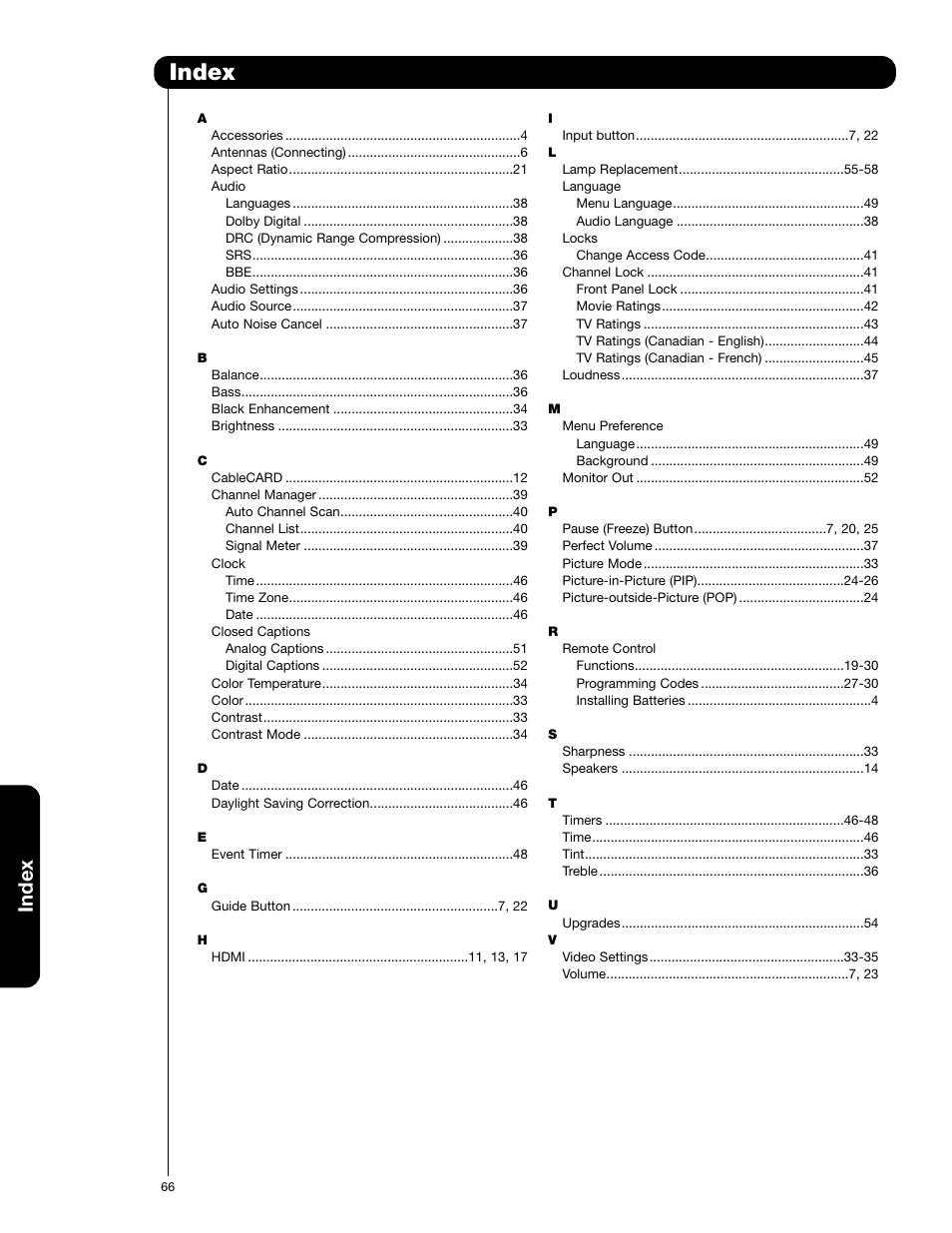 Index | Hitachi 50VF820 User Manual | Page 66 / 72