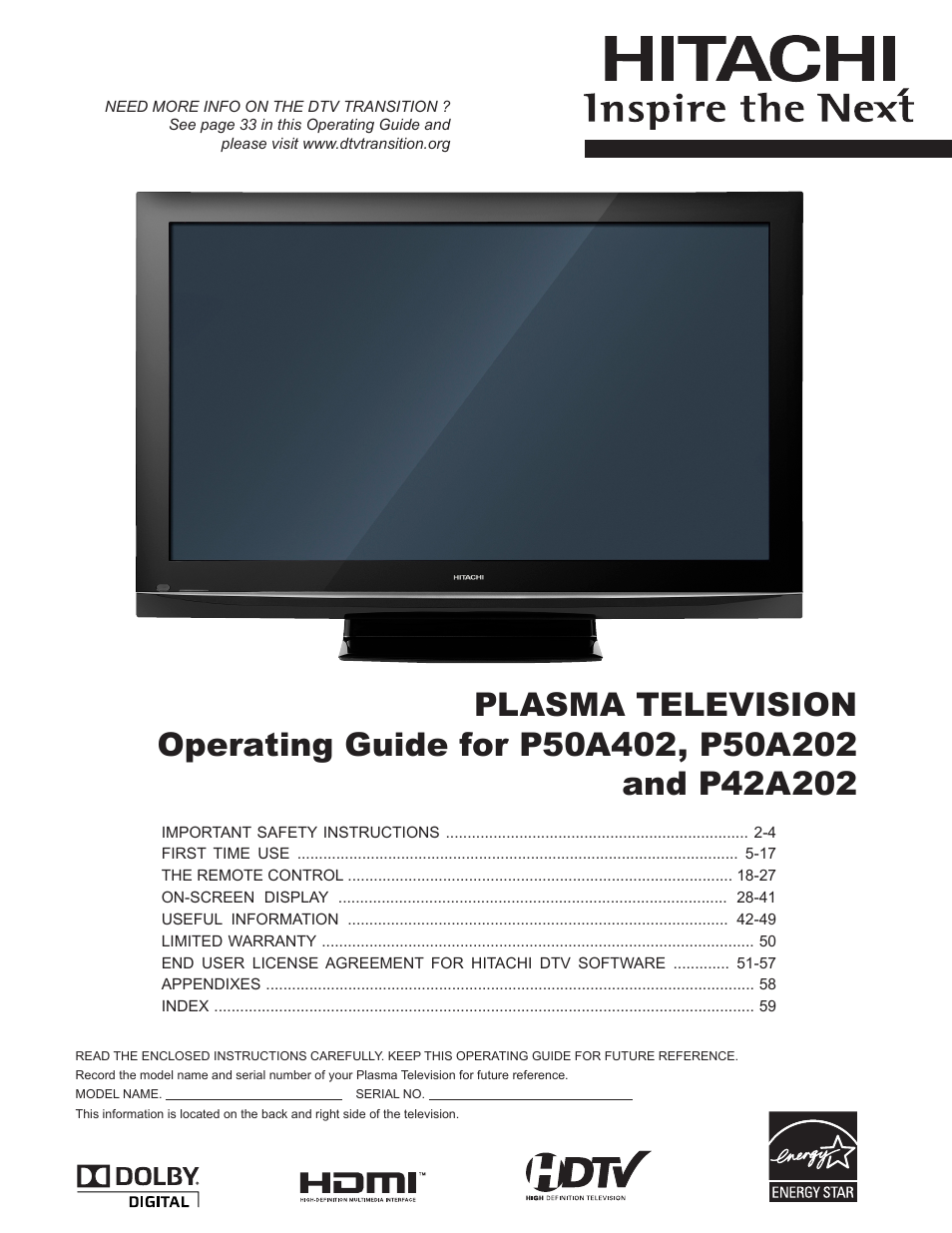 Hitachi P50A402 User Manual | 62 pages