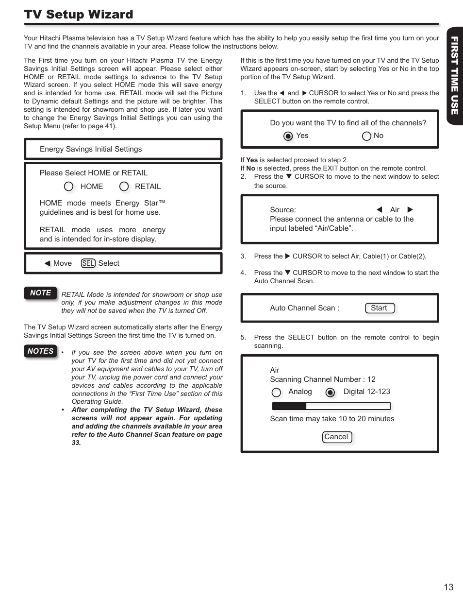 Tv setup wizard, First time use 13 | Hitachi P50A402 User Manual | Page 13 / 62