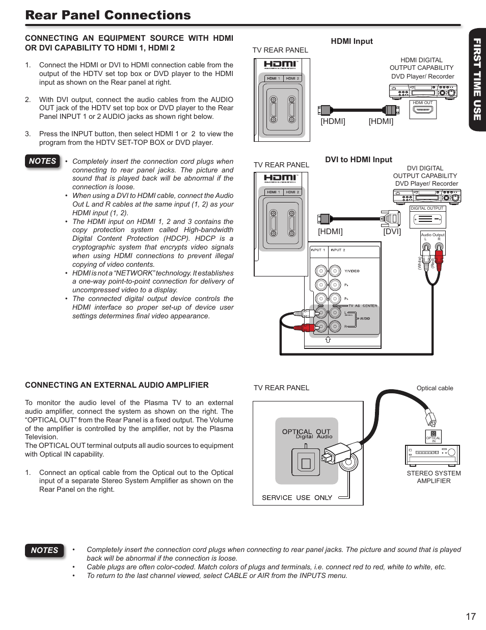 Rear panel connections, First time use 17 | Hitachi P50A402 User Manual | Page 17 / 62