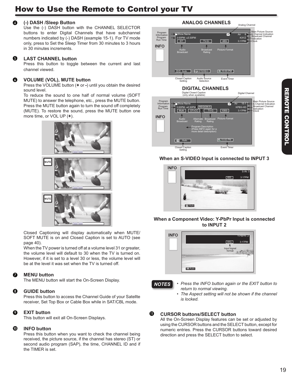 How to use the remote to control your tv, 19 remo te contr ol, Dash /sleep button | Last channel button, Volume (vol), mute button, Menu button, Guide button, Exit button, Info button, Analog channels | Hitachi P50A402 User Manual | Page 19 / 62