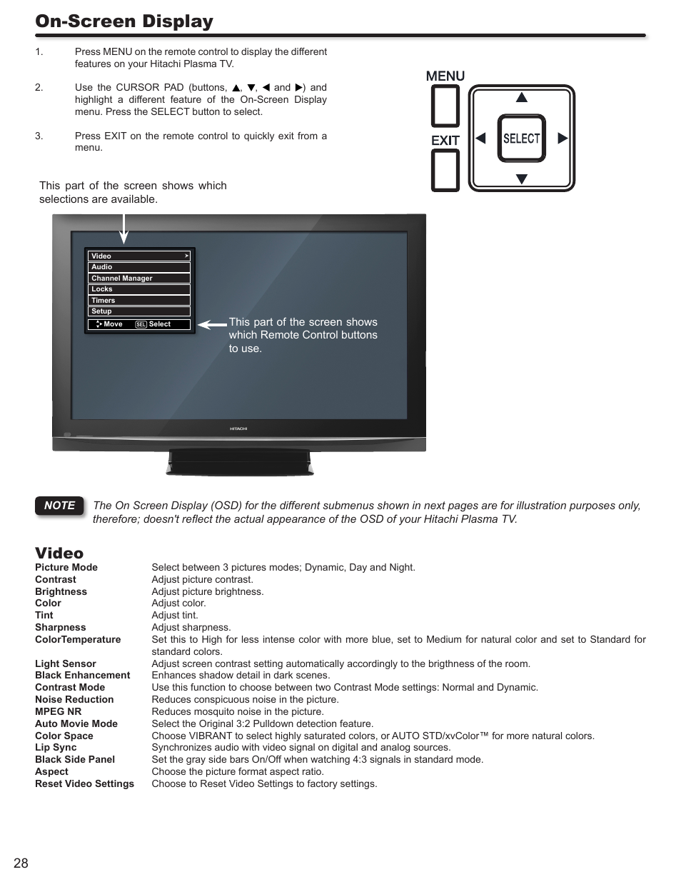 On-screen display, Video | Hitachi P50A402 User Manual | Page 28 / 62