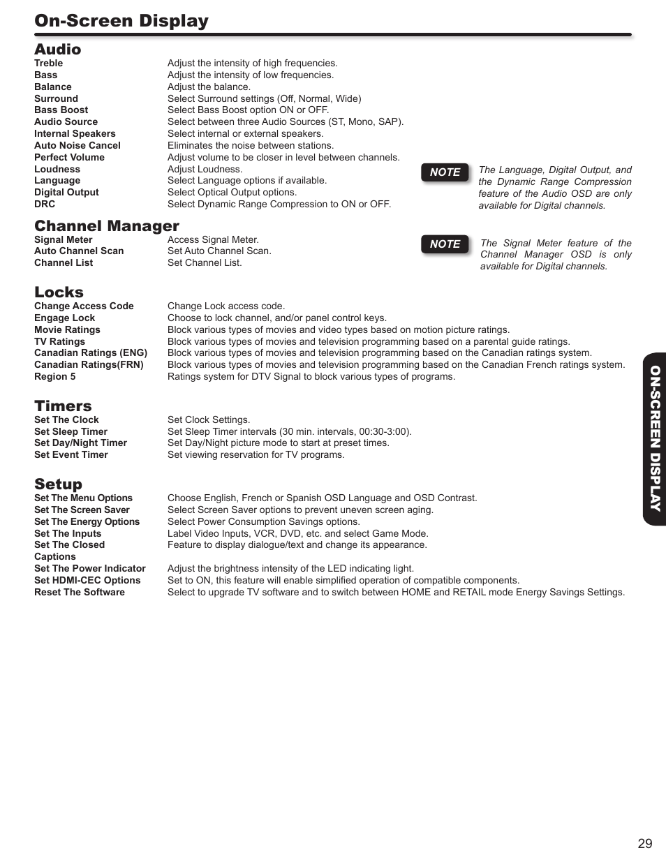 On-screen display, Audio, Channel manager | Locks, Timers, Setup | Hitachi P50A402 User Manual | Page 29 / 62