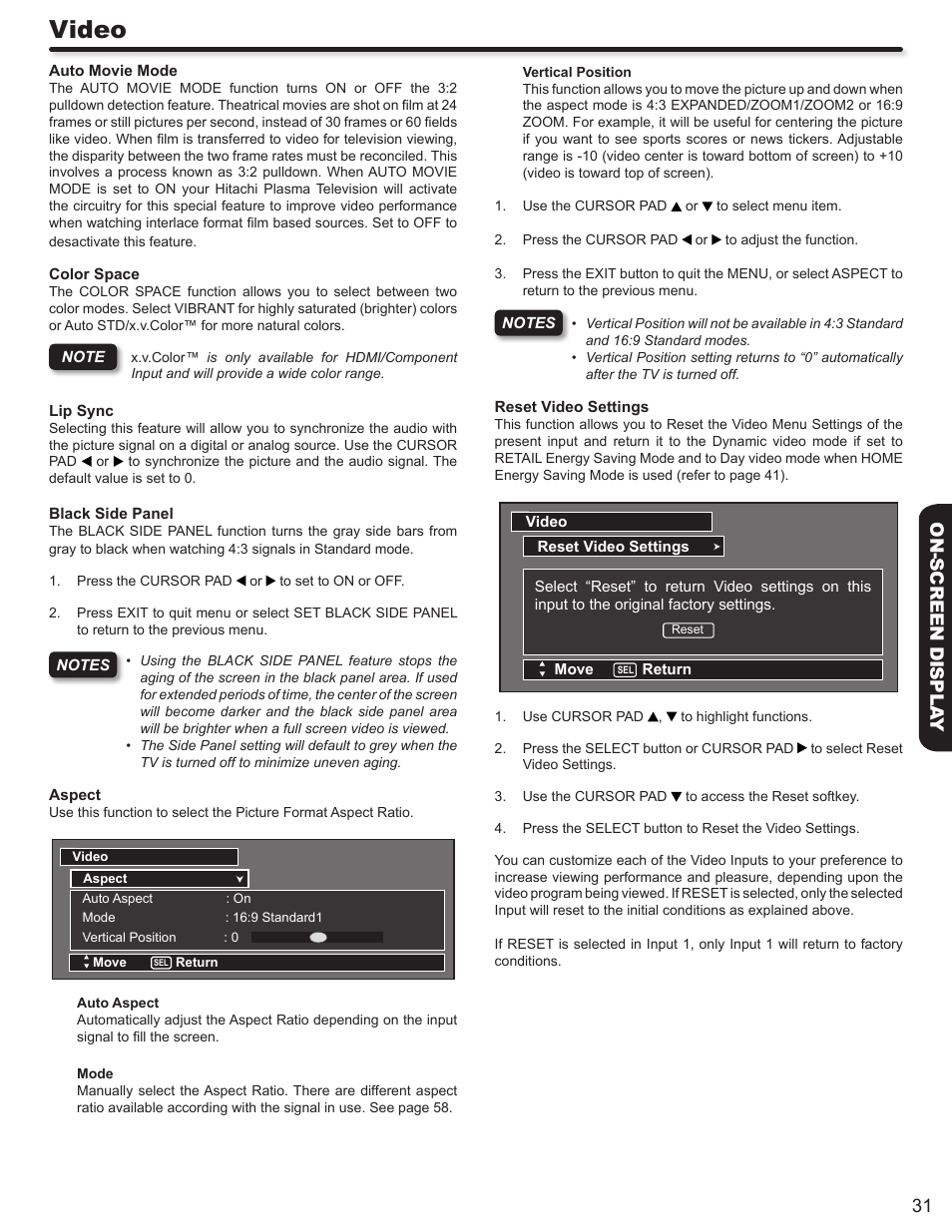 Video, 31 on-screen displa y | Hitachi P50A402 User Manual | Page 31 / 62