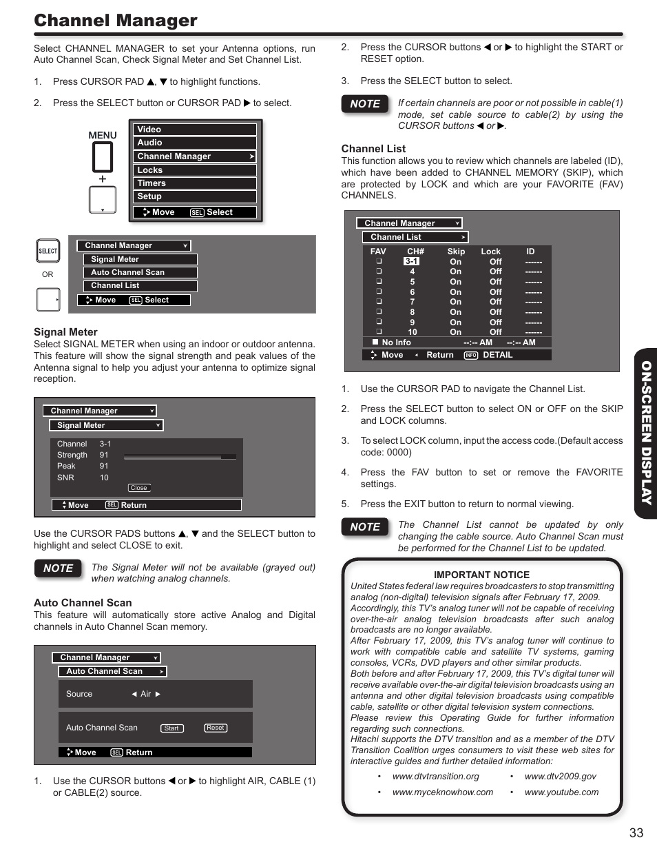 Channel manager, 33 on-screen displa y | Hitachi P50A402 User Manual | Page 33 / 62