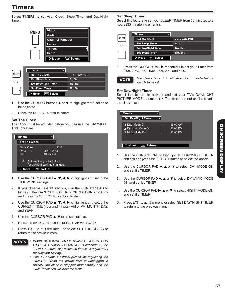 Timers, 37 on-screen displa y | Hitachi P50A402 User Manual | Page 37 / 62