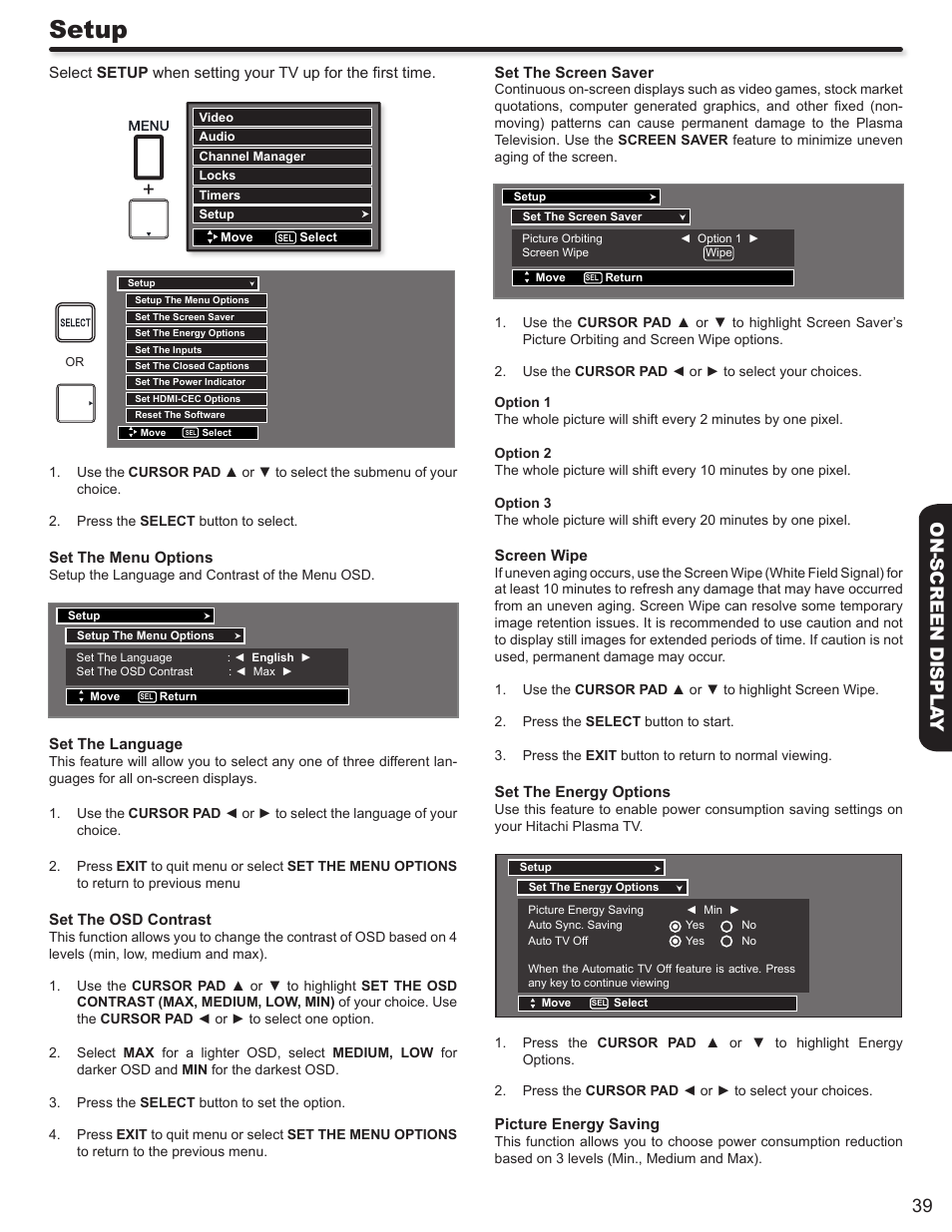 Setup, 39 on-screen displa y | Hitachi P50A402 User Manual | Page 39 / 62