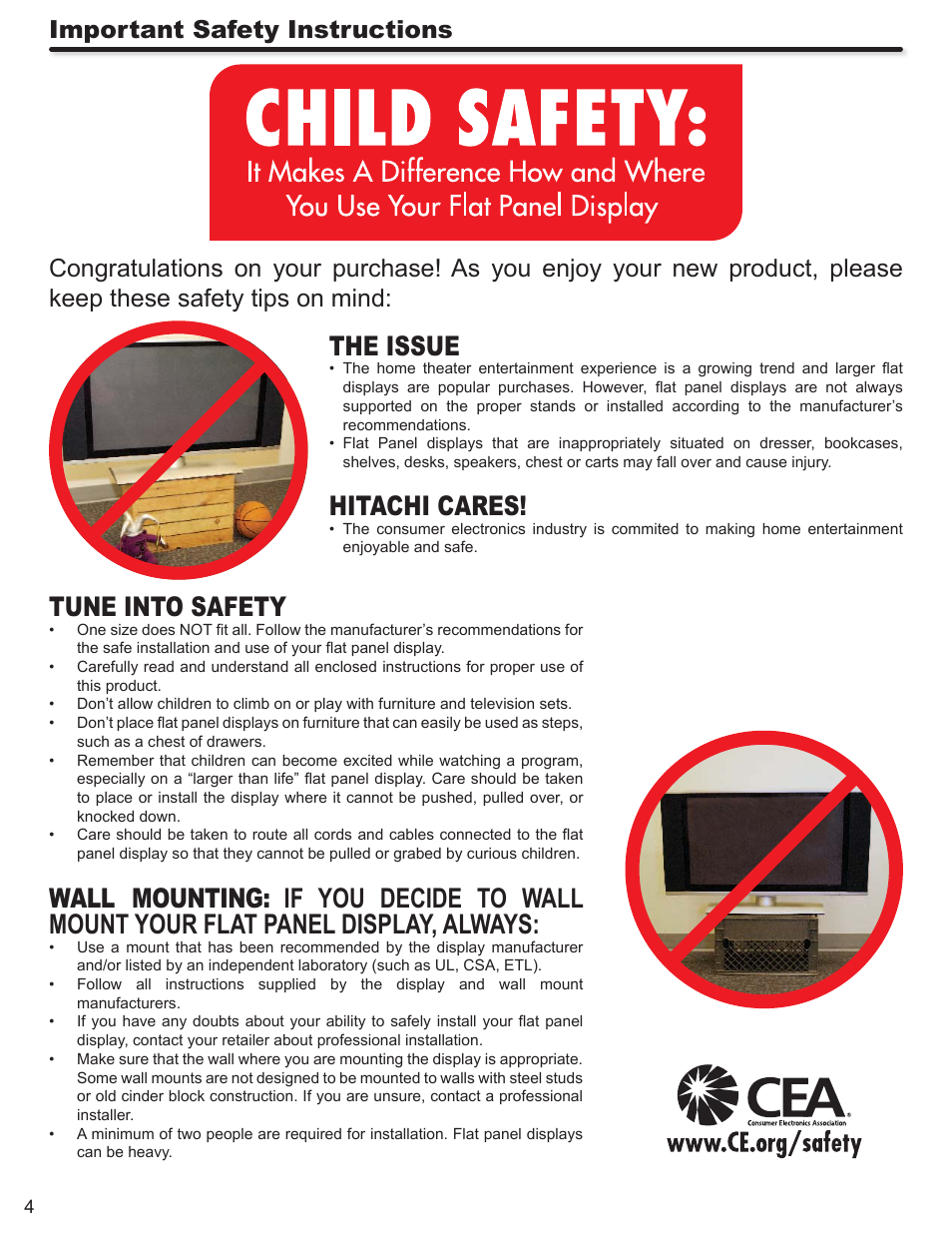 The issue, Hitachi cares, Tune into safety | Hitachi P50A402 User Manual | Page 4 / 62