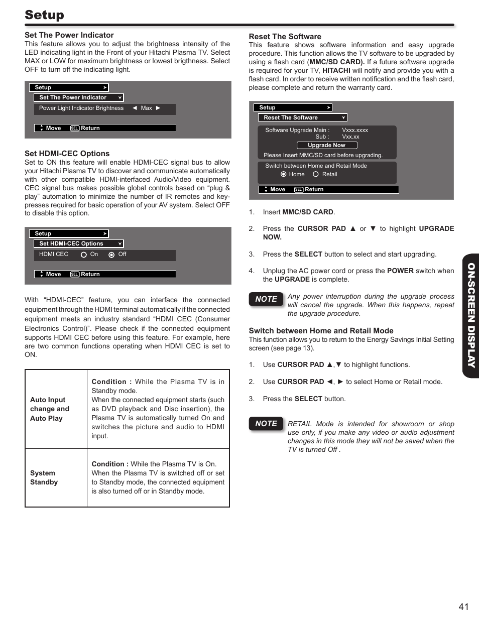 Setup, 41 on-screen displa y | Hitachi P50A402 User Manual | Page 41 / 62
