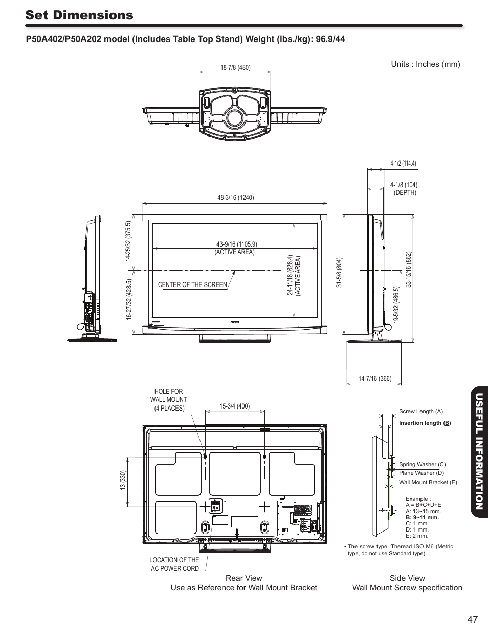 Set dimensions, 47 useful informa tion | Hitachi P50A402 User Manual | Page 47 / 62
