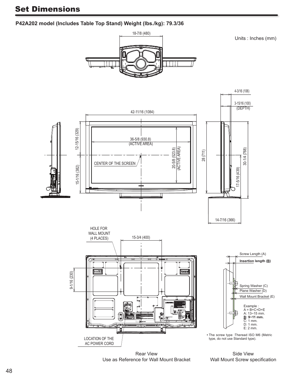 Set dimensions | Hitachi P50A402 User Manual | Page 48 / 62