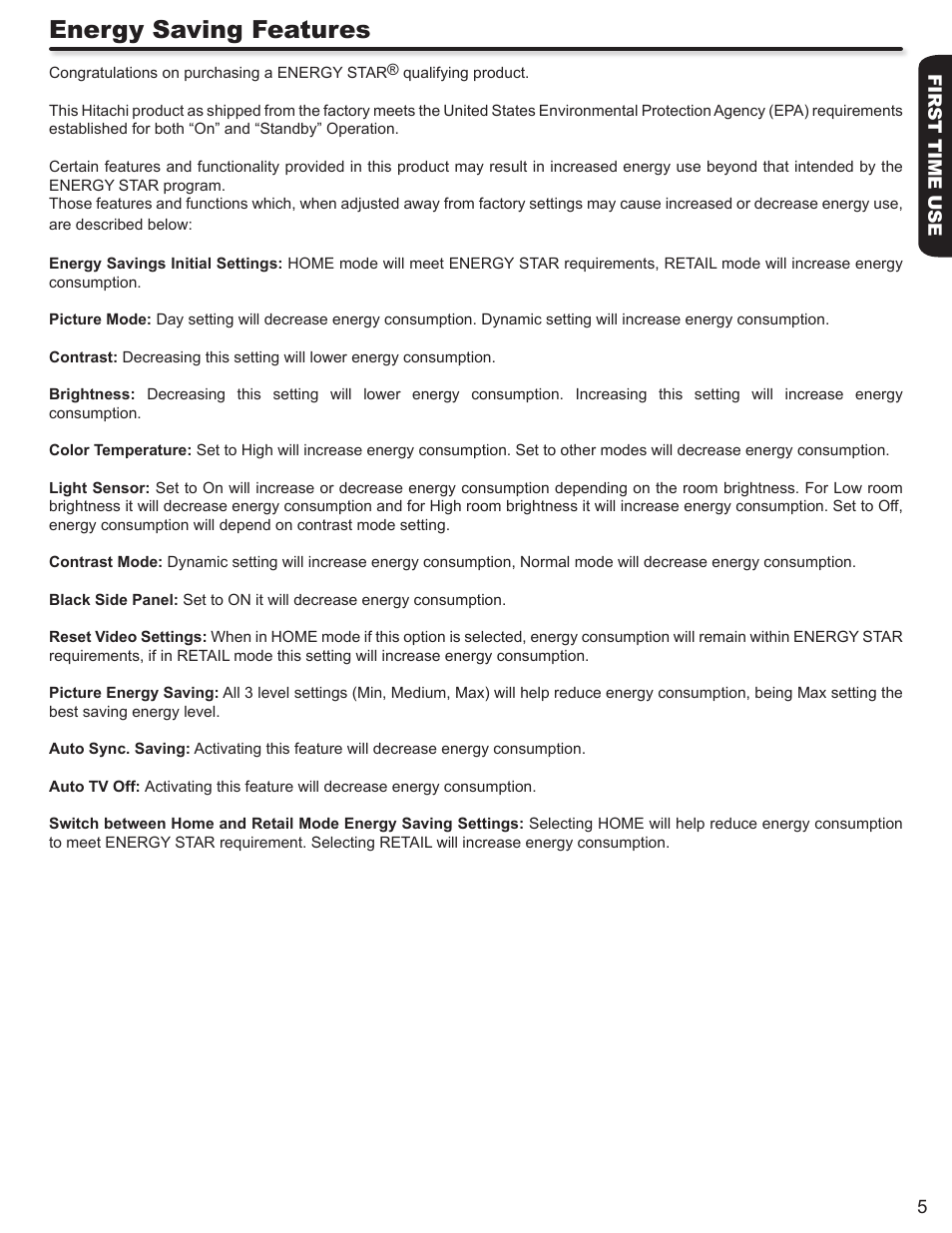 Energy saving features | Hitachi P50A402 User Manual | Page 5 / 62