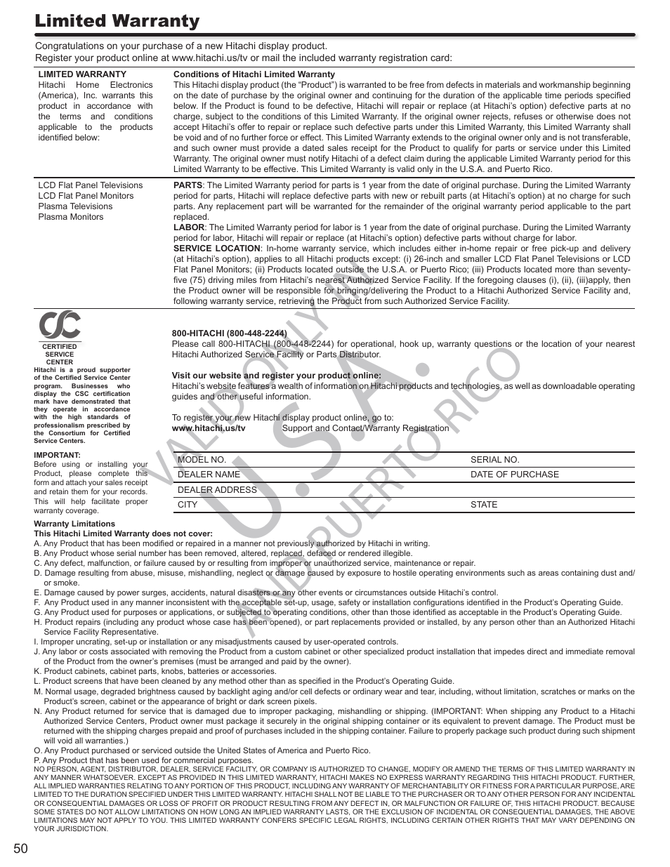 U.s.a, Valid onl y in, And puerto rico | Limited warranty | Hitachi P50A402 User Manual | Page 50 / 62