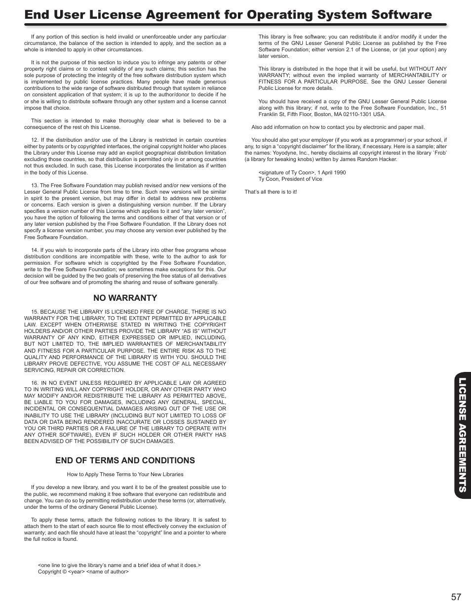 57 license a greements, No warranty, End of terms and conditions | Hitachi P50A402 User Manual | Page 57 / 62