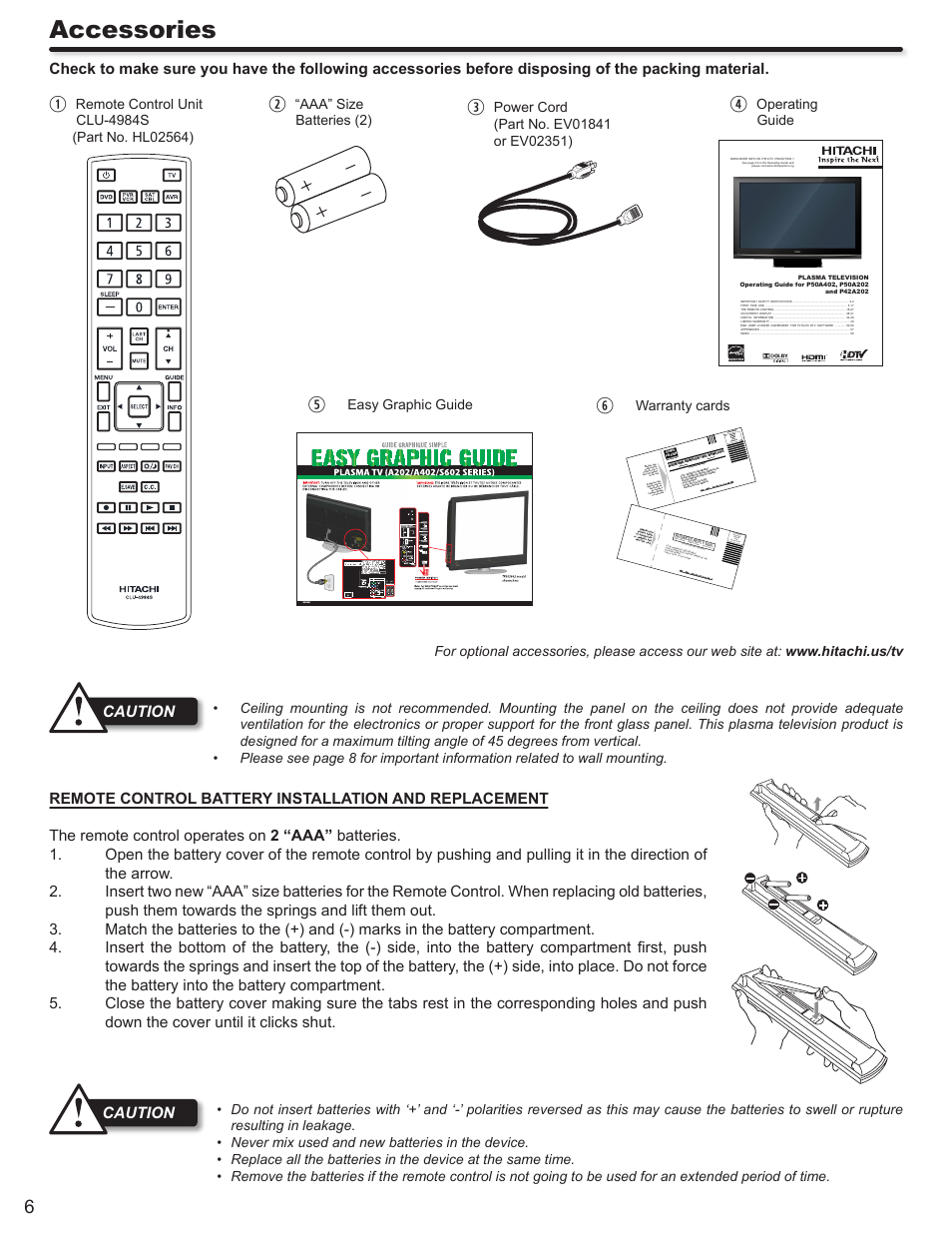 Accessories, Caution, Aaa” size batteries (2) | Operating guide, Easy graphic guide, Warranty cards | Hitachi P50A402 User Manual | Page 6 / 62