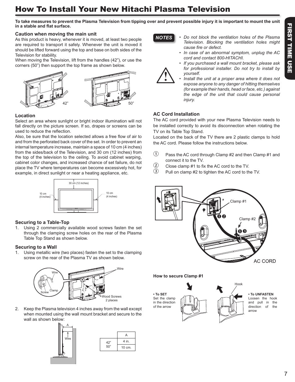 How to install your new hitachi plasma television, First time use 7 | Hitachi P50A402 User Manual | Page 7 / 62