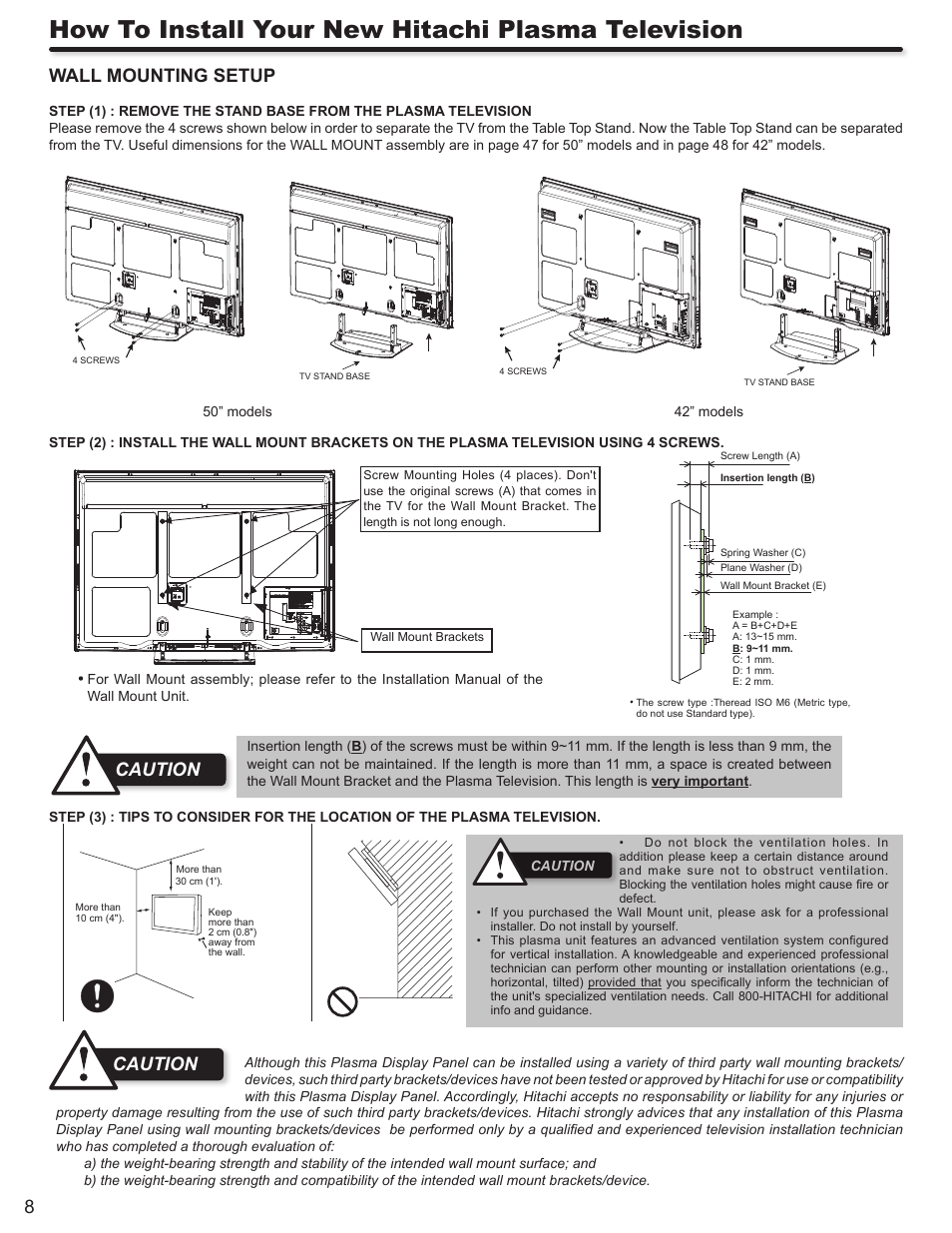 How to install your new hitachi plasma television, Wall mounting setup, Caution | Hitachi P50A402 User Manual | Page 8 / 62