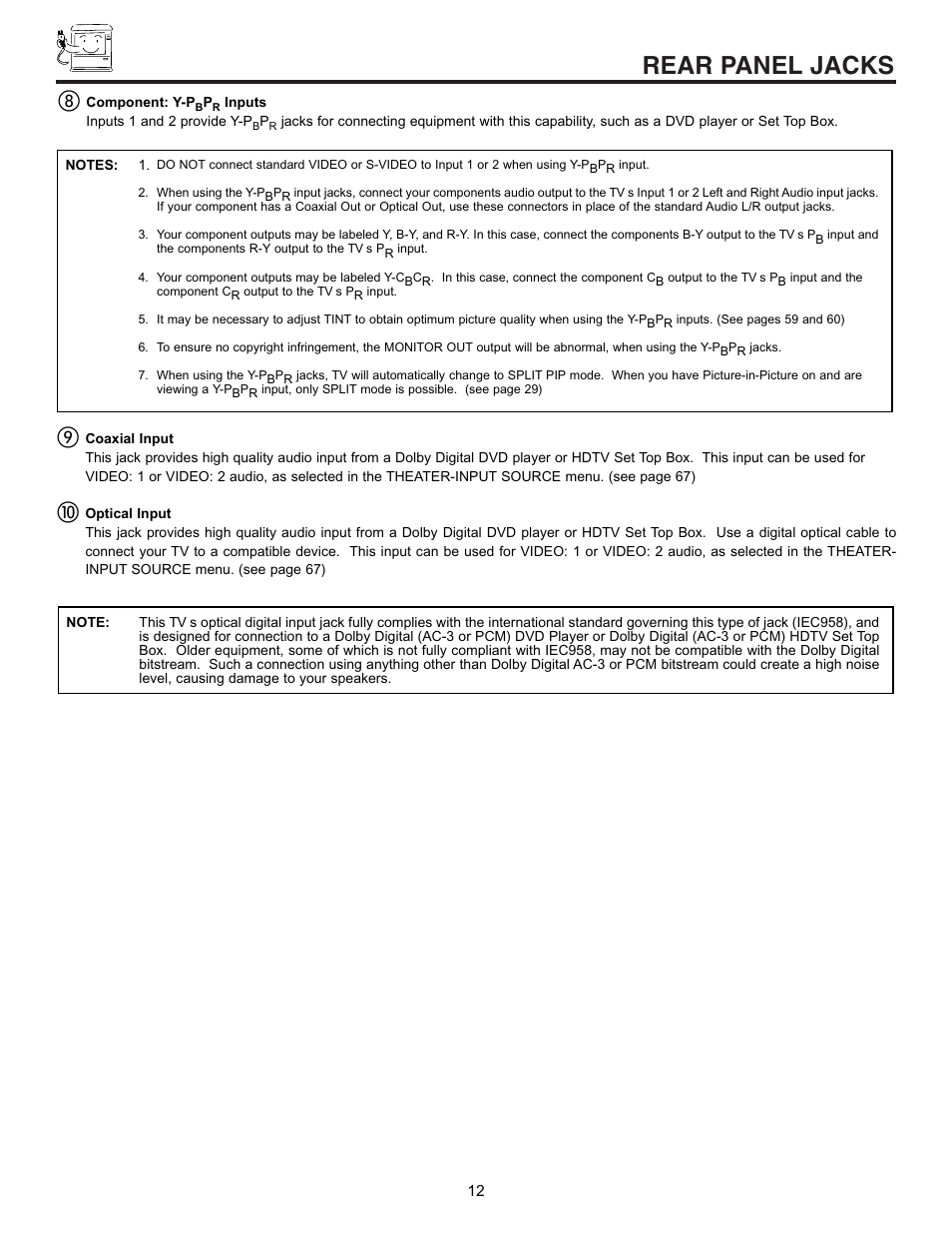 Rear panel jacks | Hitachi 53SWX01W  EN User Manual | Page 12 / 76