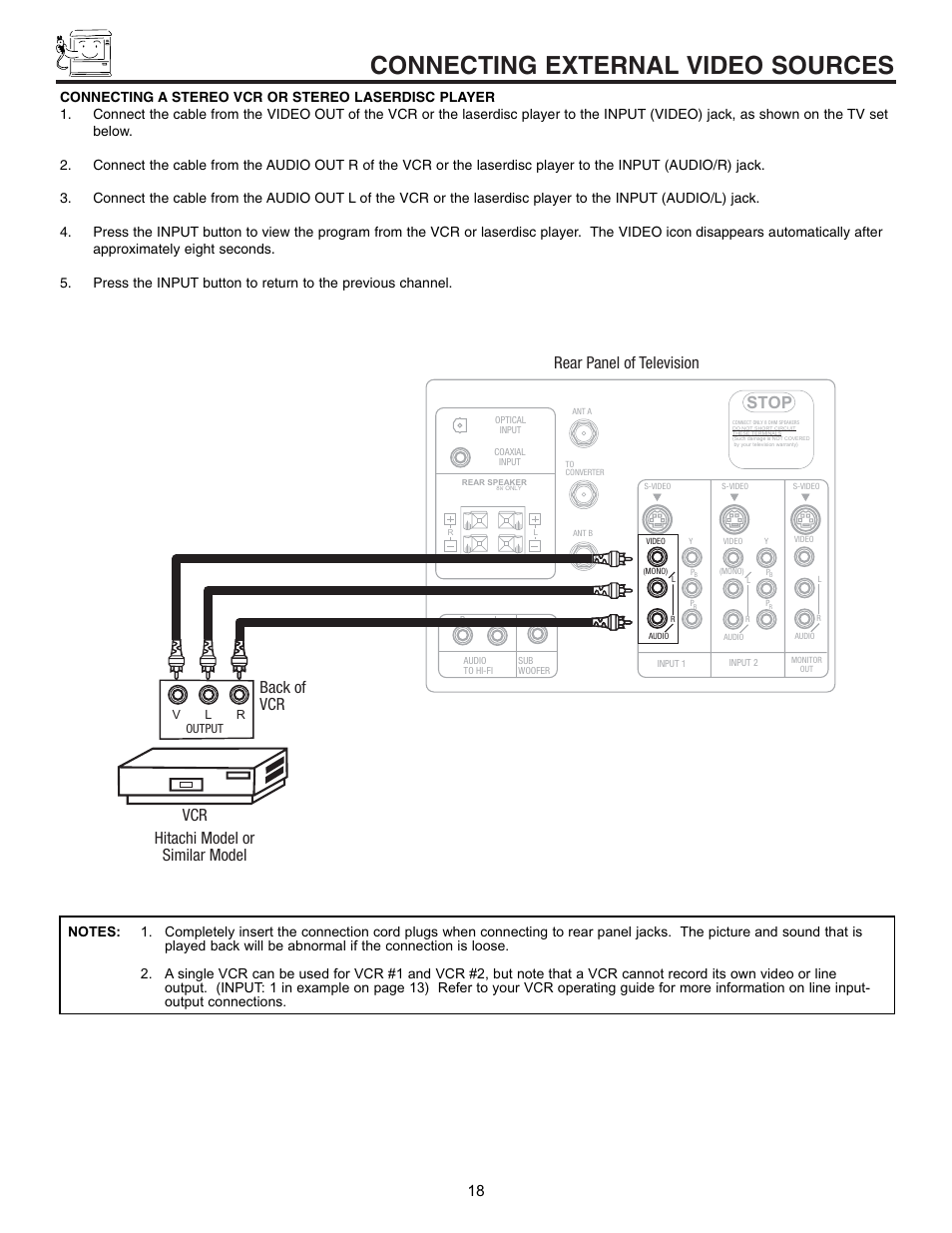 Connecting external video sources, Stop, Hitachi model or similar model back of vcr | Rear panel of television vcr | Hitachi 53SWX01W  EN User Manual | Page 18 / 76