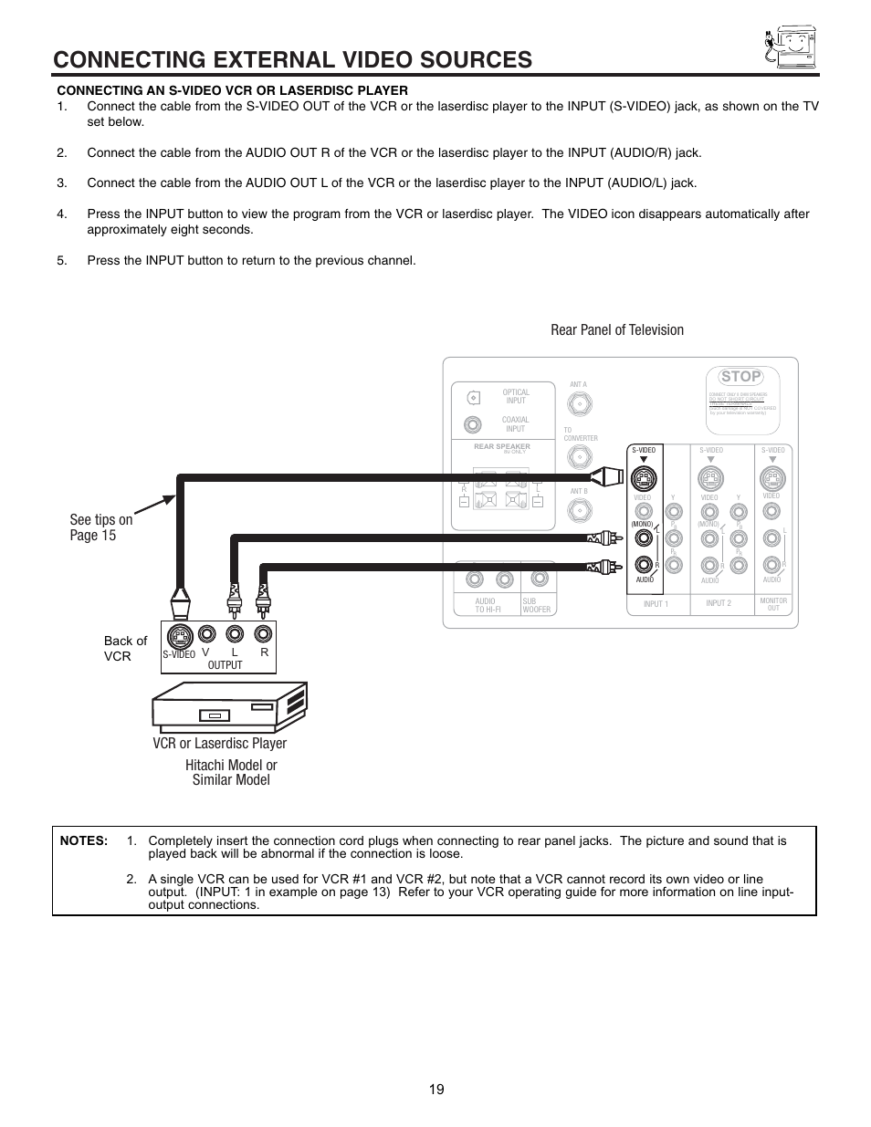 Connecting external video sources, Stop, See tips on page 15 | Hitachi 53SWX01W  EN User Manual | Page 19 / 76