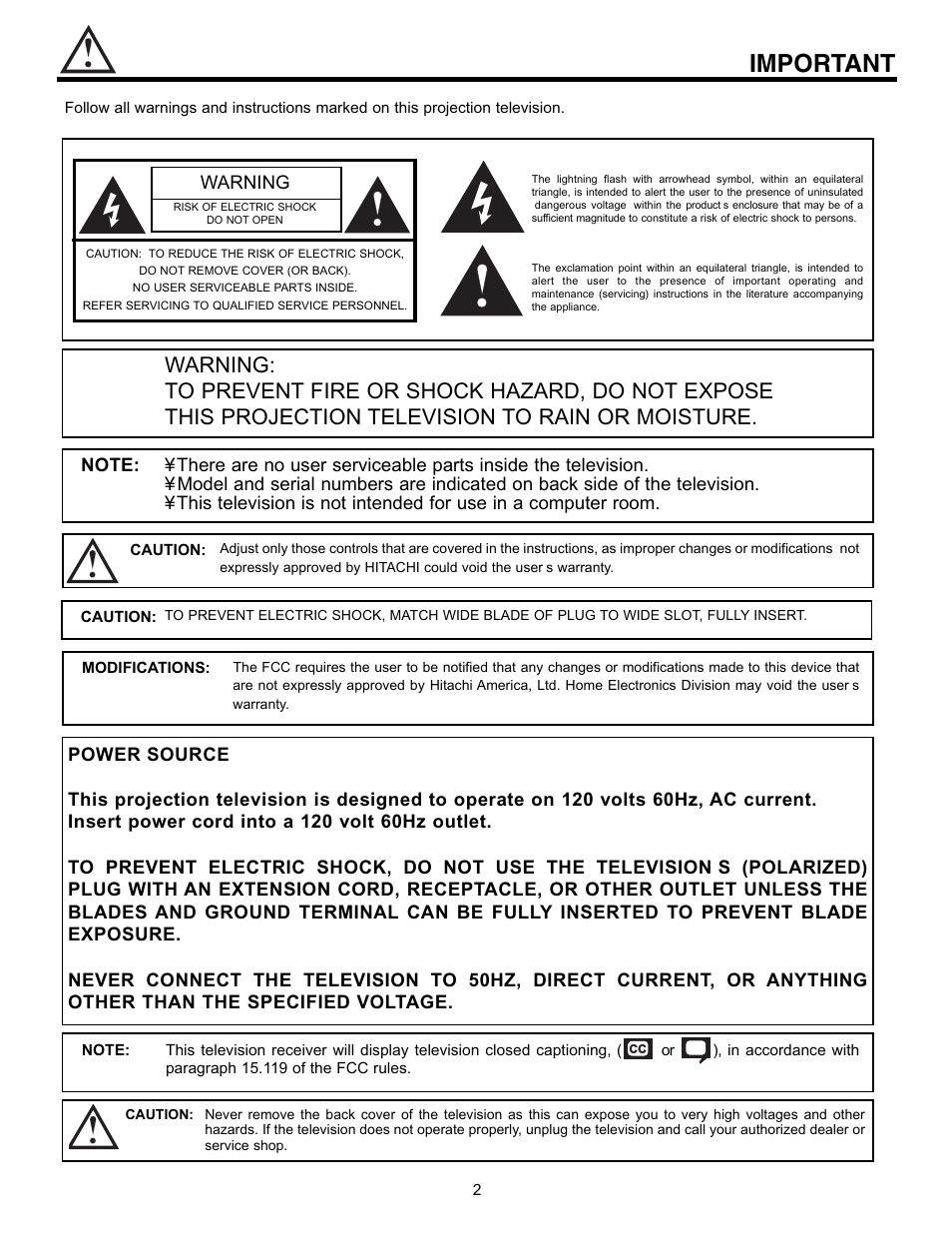 Important, Warning | Hitachi 53SWX01W  EN User Manual | Page 2 / 76