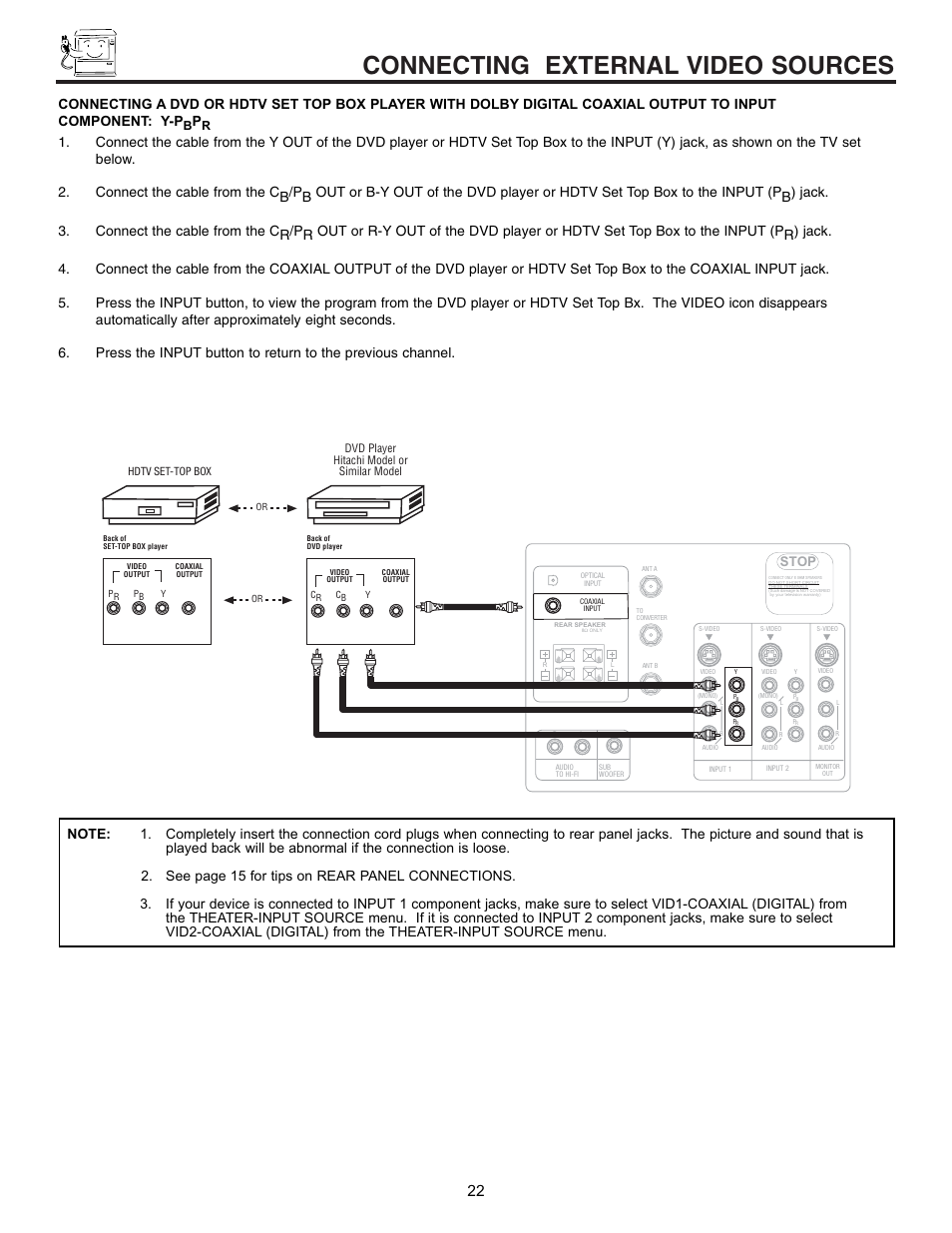 Connecting external video sources, Stop | Hitachi 53SWX01W  EN User Manual | Page 22 / 76