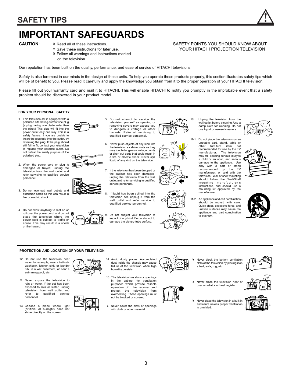 Important safeguards, Safety tips, Caution | Safety points you should know about, Your hitachi projection television | Hitachi 53SWX01W  EN User Manual | Page 3 / 76