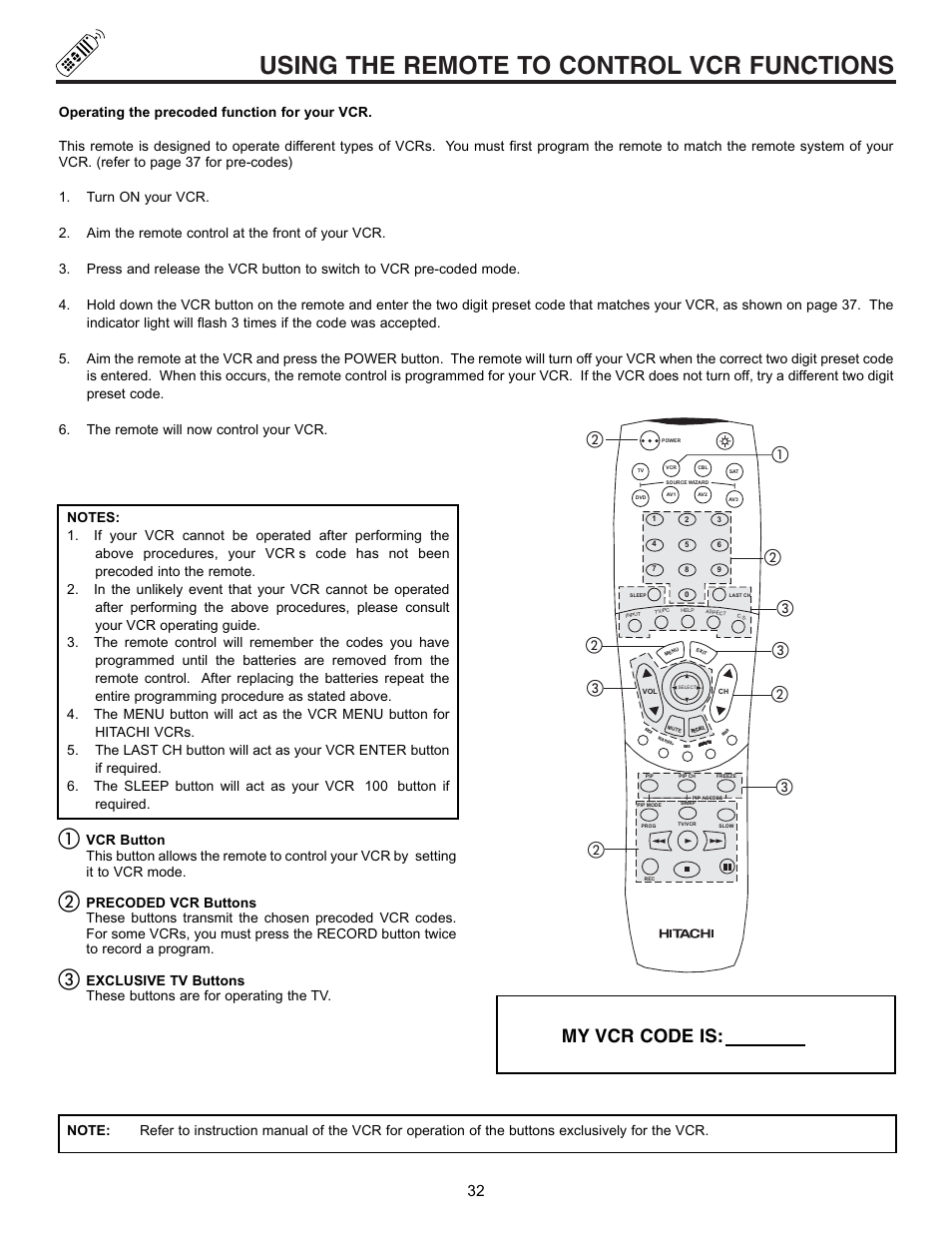 Using the remote to control vcr functions, My vcr code is | Hitachi 53SWX01W  EN User Manual | Page 32 / 76