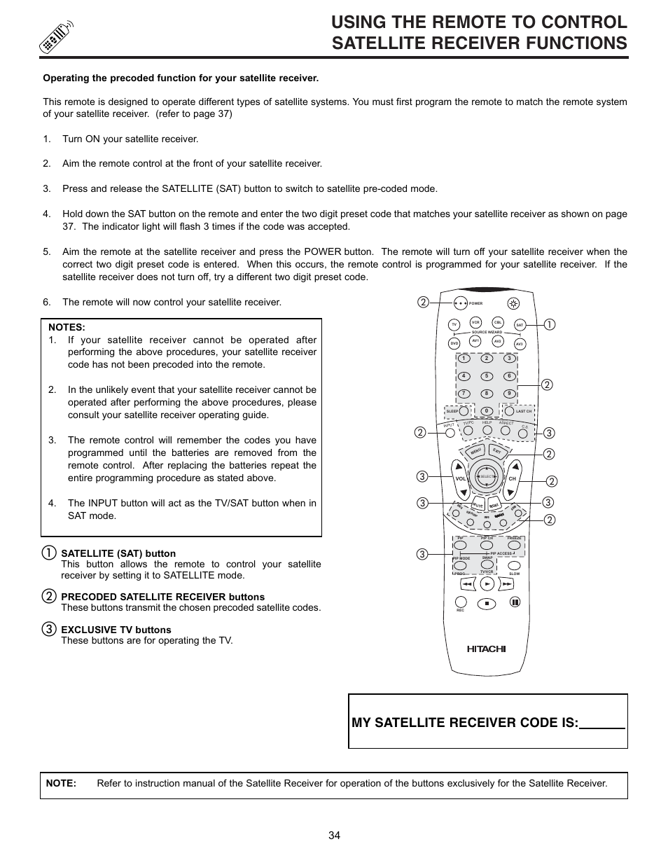 My satellite receiver code is | Hitachi 53SWX01W  EN User Manual | Page 34 / 76