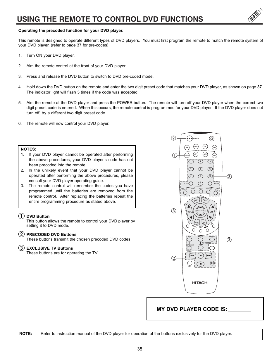 Using the remote to control dvd functions, My dvd player code is | Hitachi 53SWX01W  EN User Manual | Page 35 / 76