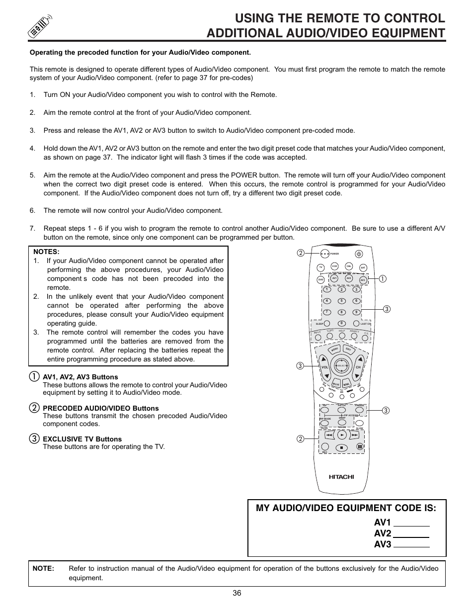 My audio/video equipment code is, Av1 av2 av3 | Hitachi 53SWX01W  EN User Manual | Page 36 / 76