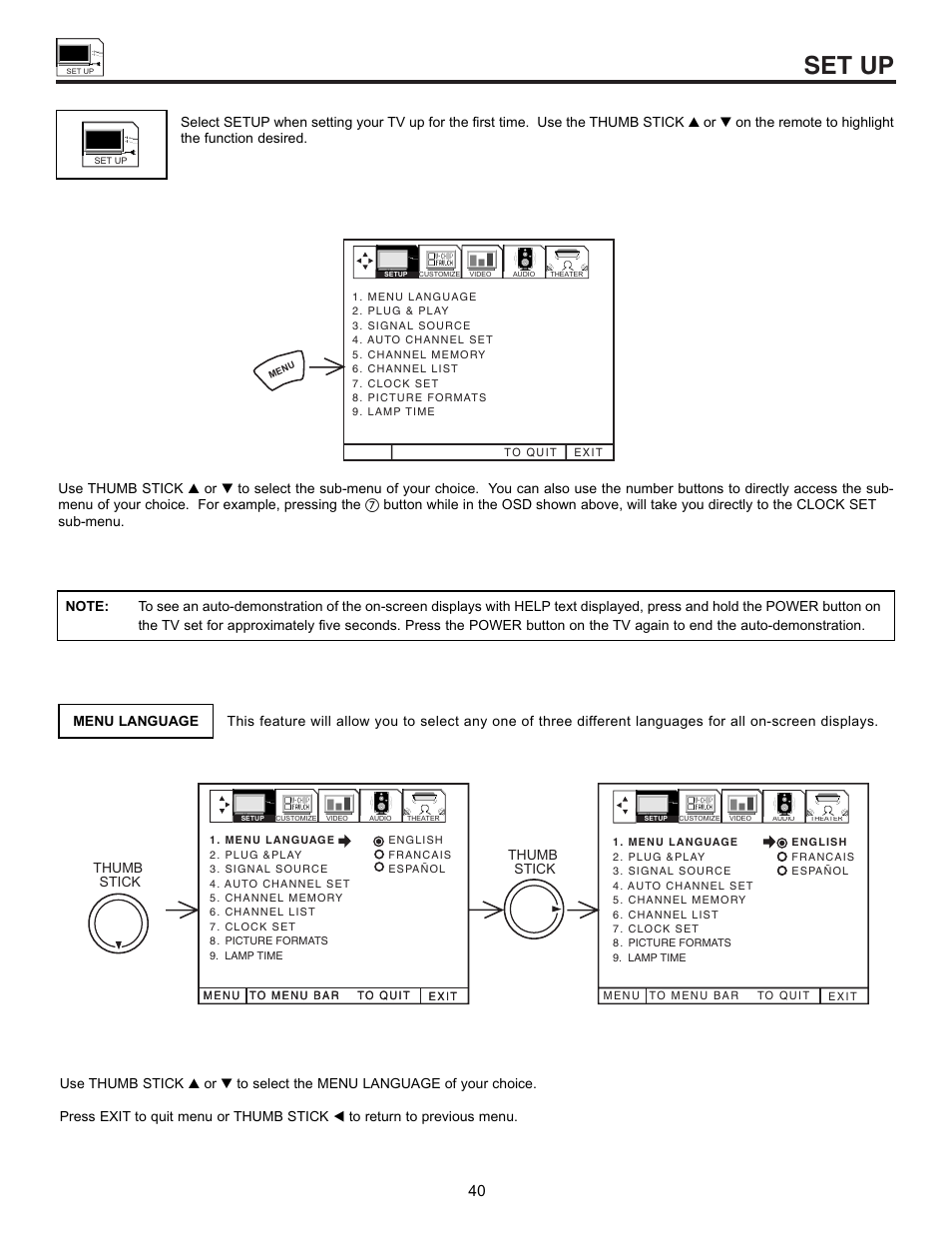 Set up | Hitachi 53SWX01W  EN User Manual | Page 40 / 76