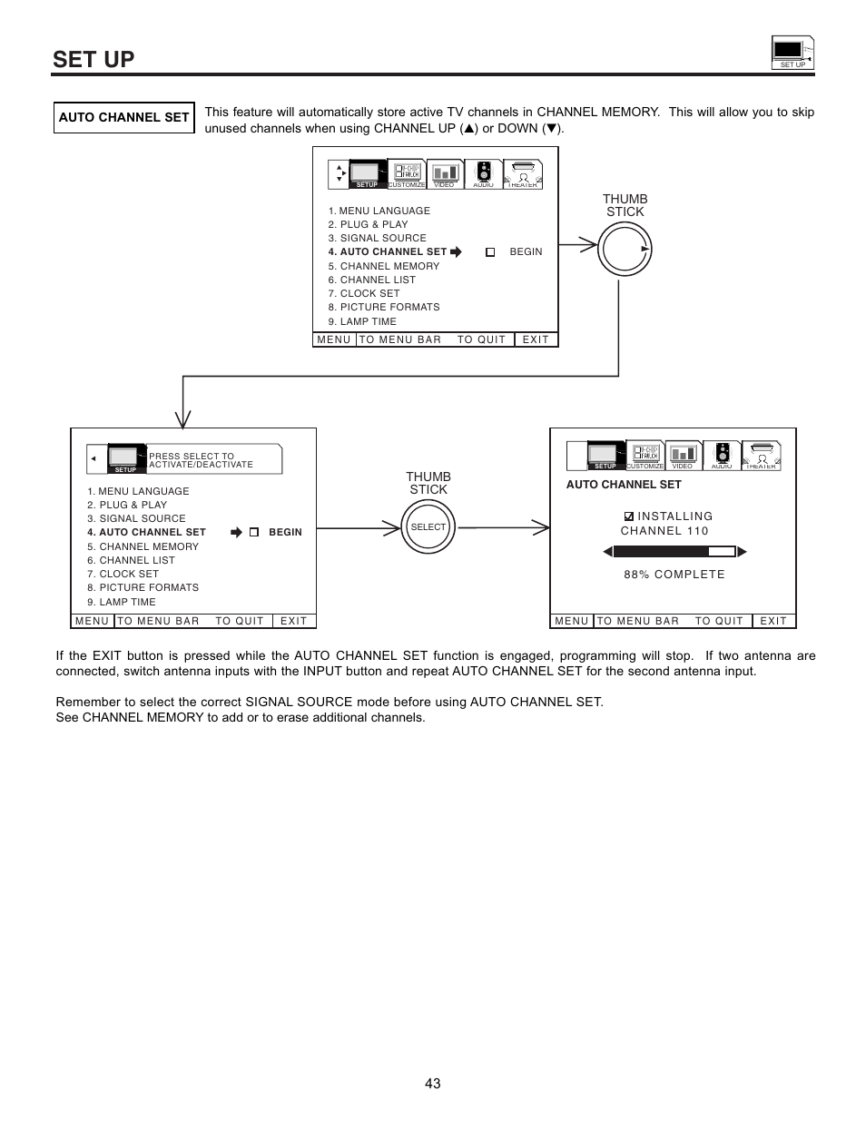 Set up, Thumb stick thumb stick | Hitachi 53SWX01W  EN User Manual | Page 43 / 76