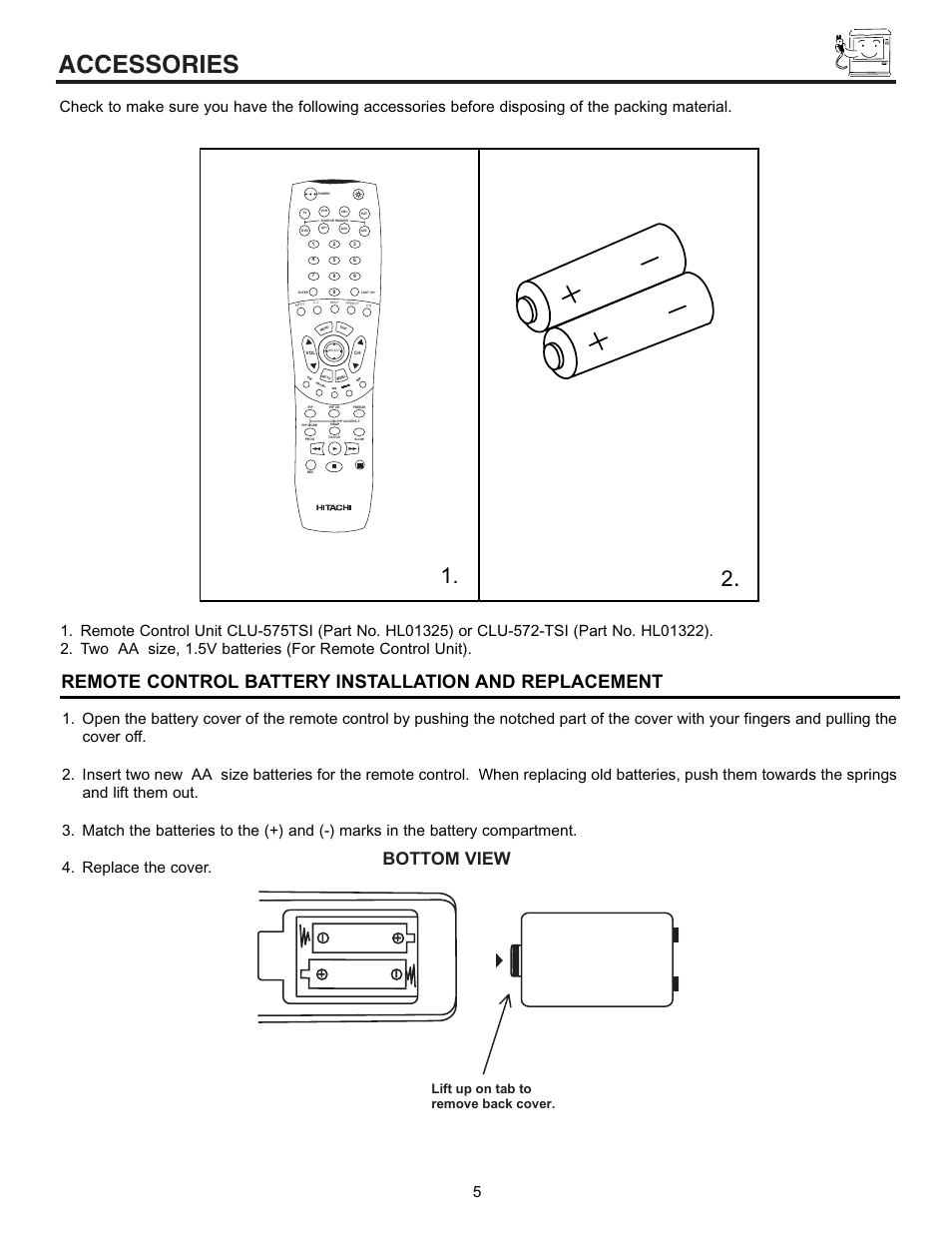 Accessories, Bottom view, Lift up on tab to remove back cover | Hitachi 53SWX01W  EN User Manual | Page 5 / 76